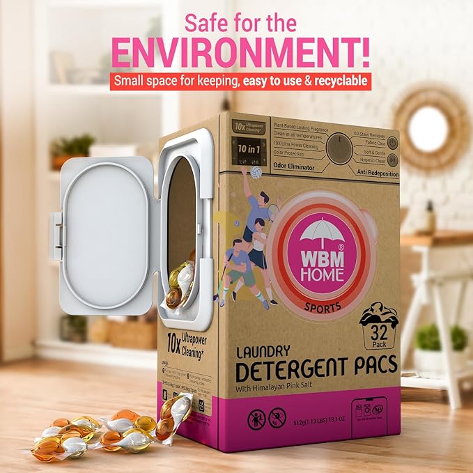 WBM Laundry Detergent Pods, Autumn Scent – 32 Pods in Recycleable Packaging for 10x Ultra Power Cleaning, Odor Defense for Activewear & Sports Shirts