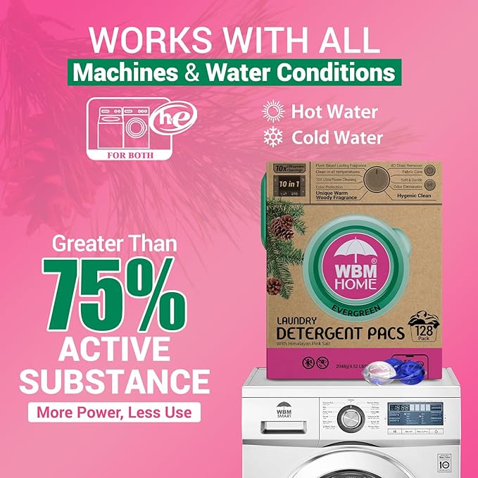 WBM Laundry Detergent Pods - Ultra-Concentrated, Hypoallergenic, Stain-Fighting, Evergreen Scent, 128-Pack, Recyclable Packaging for Eco-Friendly Cleaning