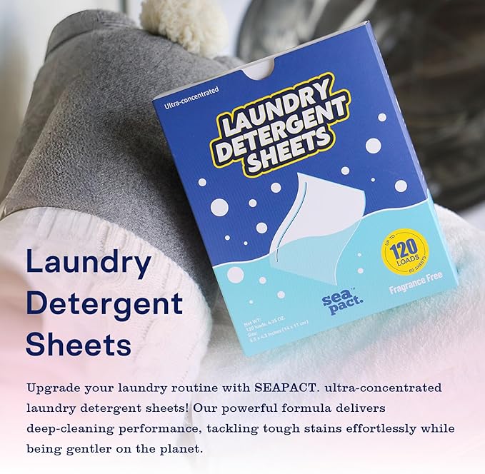 Laundry Detergent Sheets 120 Loads, Plastic Free Eco Friendly, Stain-Fighting Enzymes, Unscented Laundry Sheets, Hypoallergenic, Fragrance Free, Space-Saving for Dorm House Travel 60 Ct