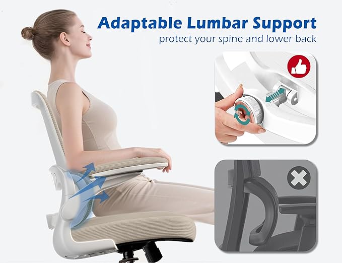 TRALT Ergonomic Office Chair - Desk Chair with Adjustable Lumbar Support Computer Chair - Mesh Comfy Chair with Flip-up Armrests - Gaming Chairs for Adults Home Office (Leather, Beige)