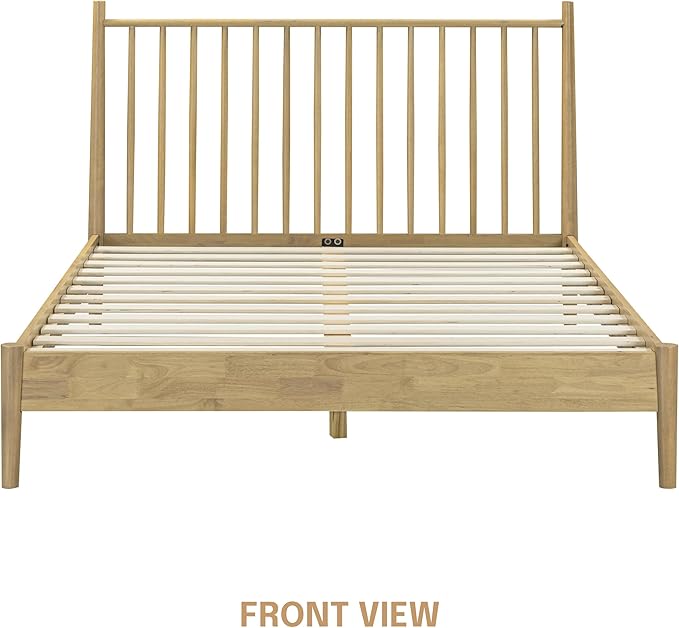 NTC Inno Wooden Bed Frame with Headboard, Solid Oak and Rubber Wood Foundation with Silent Slats and Wood Central Supports, 1000 Lb Capacity, Effortless Assembly, Queen - Sand