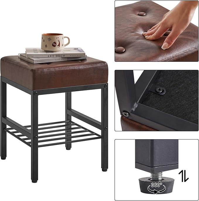 IBUYKE Square 16.34 inches Stool with Adjustable Feet and Storage Space, Footrest Chair,Multi-Use as Small Side Table or Ottoman, for Bedroom, Dark Brown LG-60Z