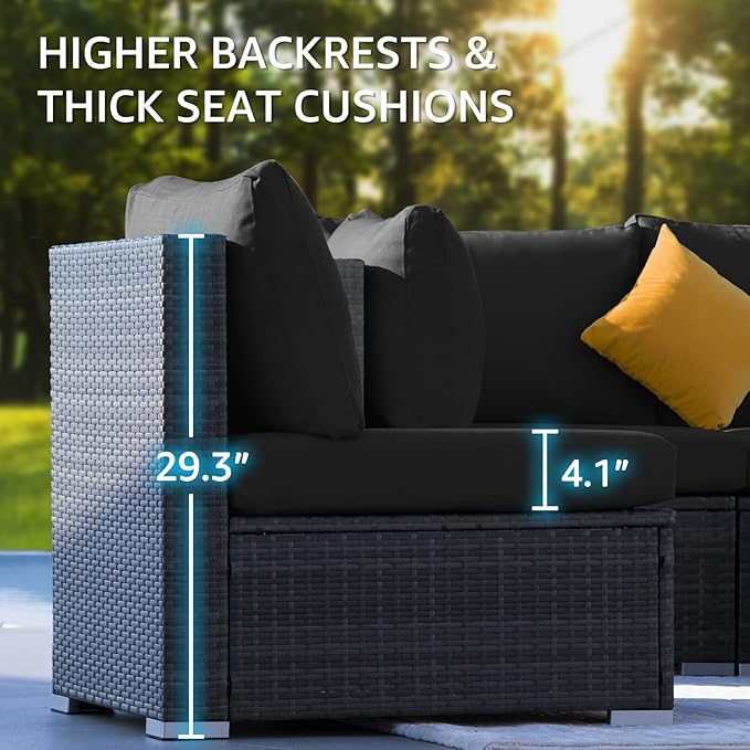 NICESOUL Large Size 9 Piece Patio Conversation Set with Fire Pit Table Propane/Gas, 29.3'' High Back Outdoor Furniture Sectional Set, Heavyweight Rattan Contemporary Sofa, 2 Color Cushion Black &Gray