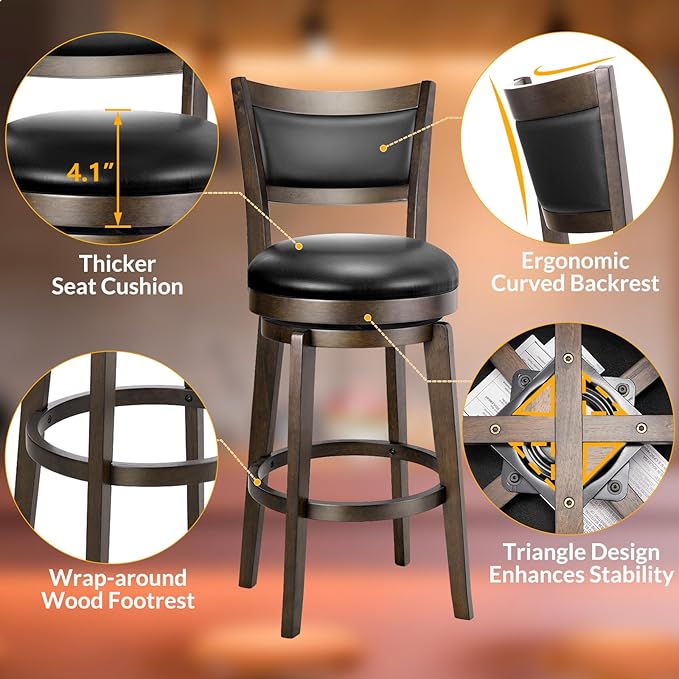 PrimeZone Swivel Bar Stools Set of 4, 26 Inch Counter Height Barstools, Black Faux Leather Bar Stool with High Backrest & Solid Wood Legs & Wrap-around Footrest, Counter Stools for Kitchen Island, Pub