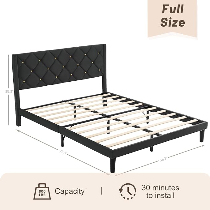 Full Size Platform Bed Frame with Velvet Upholstered Headboard and Sturdy Wooden Slats Support,Mattress Foundation，Easy Assembly, No Box Spring Needed,Slip Resistant (Black, Full)