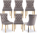 Velvet Upholstered Dining Chairs Set of 6, Modern Style Kitchen Side Chairs with Nailhead Trim and Gold Plated Leg, Metal Pulling Ring for Dining Room Living Room(Gery-Gold Plated Leg)