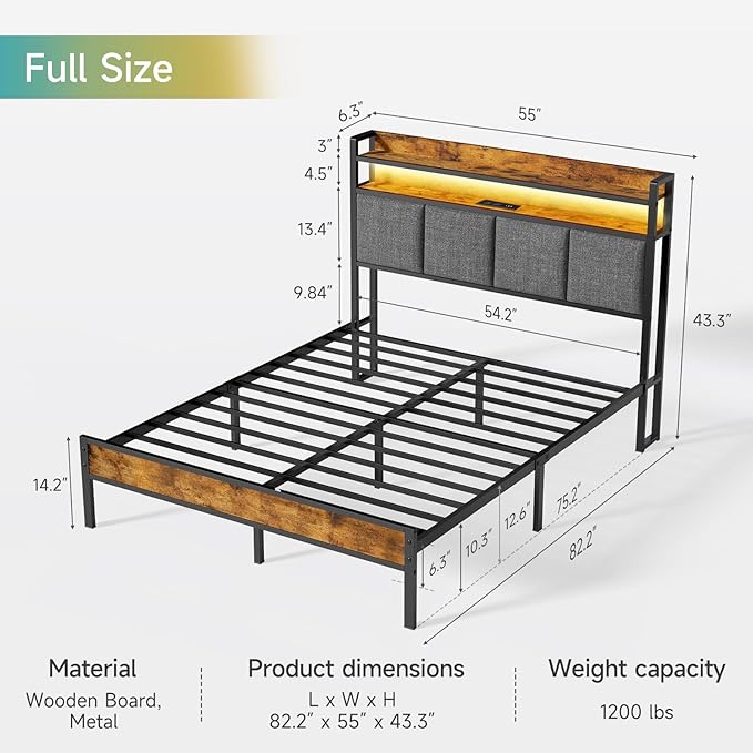 Z-hom Full Bed Frames, Full Bed Frame with 2-Tier Storage Upholstered Headboard, Metal Platform with USB Charging Station & LED Lights, Noise Free, No Box Spring Needed, Easy Assembly, Vintage Brown
