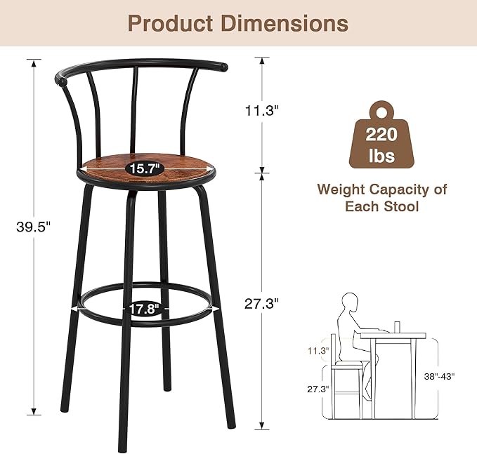 VECELO Bar Stools Set of 4, Swivel Counter Barstools with Backrest, Bar Height Chairs for Dining Room, Kitchen Island, Pub, Easy Assembly, Brown