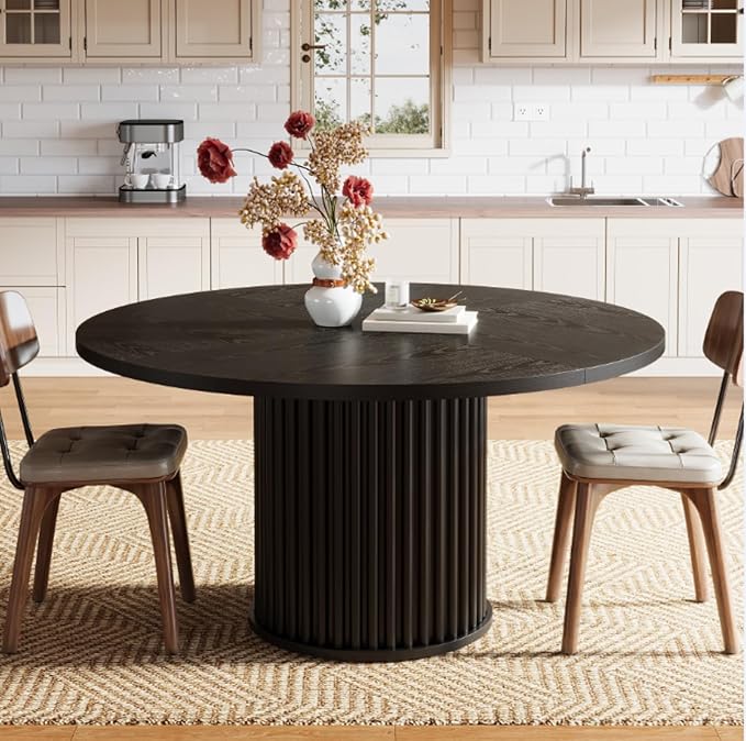 Tribesigns Round Dining Table for 4-6, 47-Inch Modern Circle Kitchen Table with Fluted Round Base, Farmhouse Wood Dinner Table for Dining Room, Kitchen, Living Room, Black