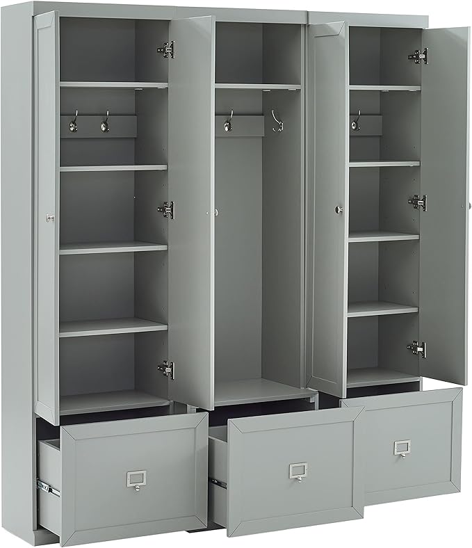 Crosley Furniture Harper 3-Piece Hall Tree and Storage Cabinet Set with Entryway Bench and Hooks for Hanging, Gray