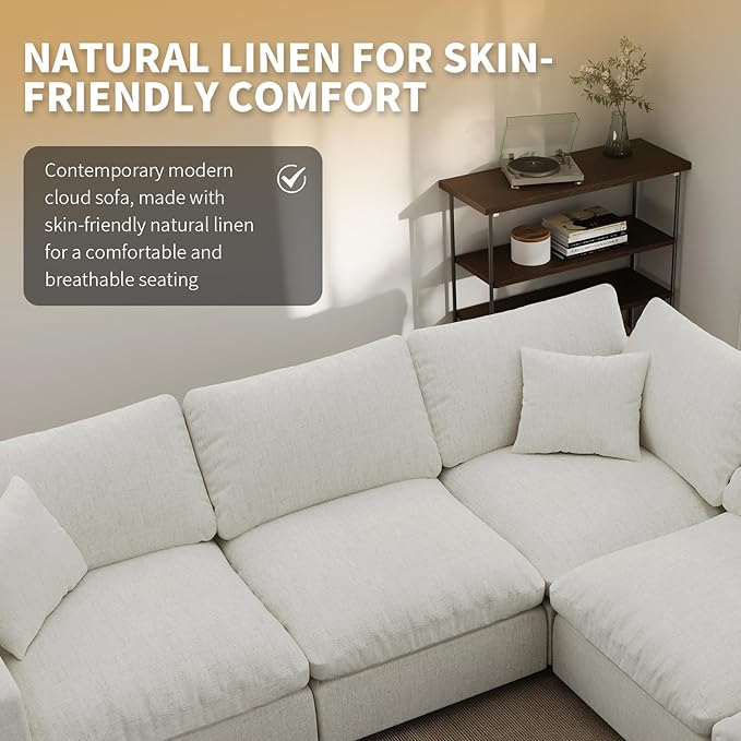 Modern Sectional Linen Couch for Living Room V-Shape Sofas,7 Seat Modular Cloud Sofas,Couches Cushion Covers Removable,Cozy Feather Down Sofa for Apartment Cream White