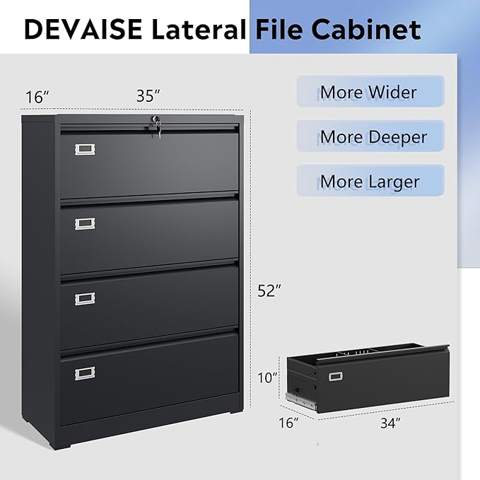 DEVAISE 4 Drawer Lateral File Cabinet with Lock, Metal Filing Cabinets for Home Office, 16" D x 35" W x 52" H Wide Storage Organization for Hanging Files Letter/A4/Legal/F4 Size, Black