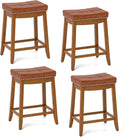 COSTWAY Saddle Bar Stools Set of 4, 25-Inch Counter Height Barstools w/PU Leather Seat, Solid Rubber Wood Frame, Footrest, Mid-Century Backless Counter Stools for Kitchen Island Home Bar