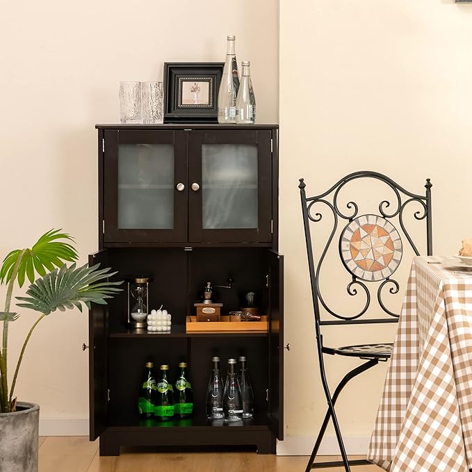 LOKO Bathroom Floor Cabinet, Storage Organizer with Glass Doors, Wooden Kitchen Cupboard with Adjustable Shelf, Versatile Floor Storage Cabinet for Bathroom, Living Room & Kitchen (Brown)