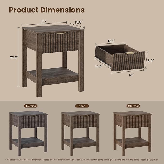 Fluted Night Stand with Golden Handle,Mid-Century Nightstands with Drawer,Modern Bedside Table with Storage Shelf,Large End Tables for Livingroom,Bed Side Tables for Bedroom,Walnut