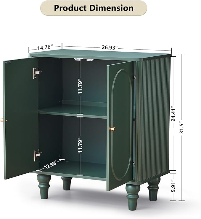 ORRD Fluted Storage Cabinet, Modern Credenza Wooden Accent Sideboard Buffet Cabinet with Adjustable Shelves and Solid Wood Legs, Console Table for Kitchen Dining Living Room Entryway, Green