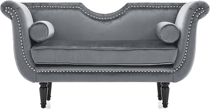 Christopher Knight Home Aurora Velvet Chaise Lounge Indoor with 2 Bolster Pillows, Upholstery Entryway Bench with Nailhead Trim & Curved Arms, End of Bed Bench Ottoman and Wooden Legs, Grey