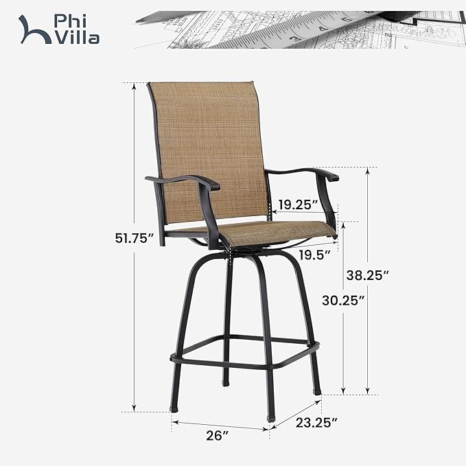 PHI VILLA Outoor Swivel Bar Stools Set of 6 with Armrest and Backrest, 30" Seat Height High Top Bar Height Patio Chairs, Brown Textilene Fabric