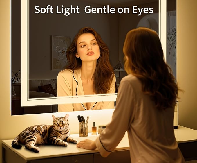 55"x36" LED Bathroom Mirror with Anti-Fog, Stepless Dimmable Lights, 3 Color Modes, Shatter-Proof Tempered Glass, Memory Function & Waterproof Design