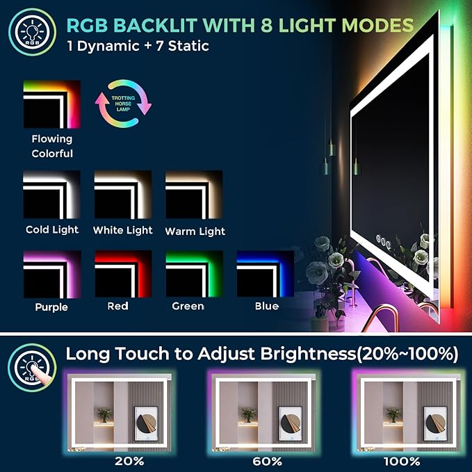 55x40 Inch RGB LED Bathroom Mirror Front Light and RGB Backlit Lighted Vanity Mirror for Bathroom Wall Mounted Dimmable Anti Fog Memory Shatter-Proof IP54 Waterproof Horizontal/Vertical