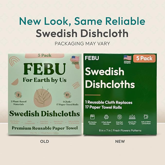 FEBU Swedish Dishcloths for Kitchen | 5 Pack Japanese Reusable Paper Towels Washable | Swedish Dish Towels | Non-Scratch Cellulose Sponge Cloths | No Odor, Biodegradable Cleaning Cloths