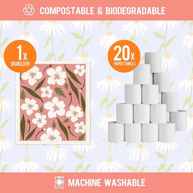 Morigins Swedish Dishcloths for Kitchen 6 Pack Flowers Cellulose Sponge Cloths Non Scratch Reusable Paper Towels No Odor, Biodegradable and Reusable Kitchen Dish Rags (Wildflowers)