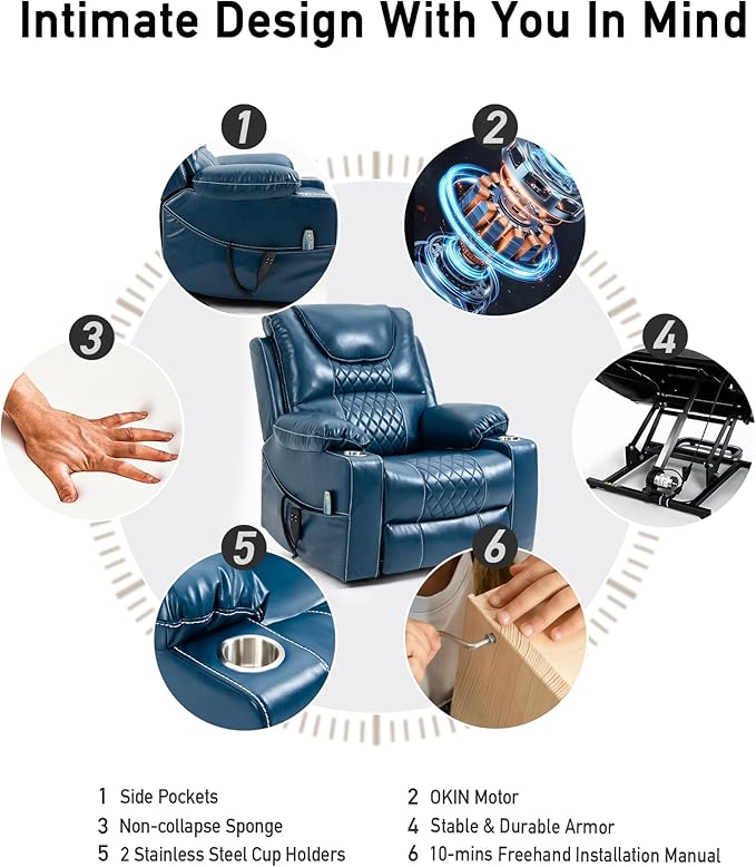 Oversized Lazy Boy Recliner Chair, 2 Motor Leather Recliner, Nursing Lift Chair with Massage and Lumbar Heating, Functional Adult Power Recliner with Cup Holders