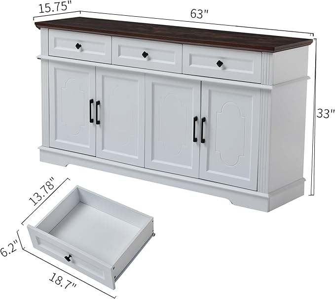 63" White Buffet Sideboard Cabinet with 4 Doors and 3 Drawers, Modern Farmhouse Kitchen Storage Cabinet, Coffee Bar Cabinet with Adjustable Shelves, Living Room Storage, Dining Room