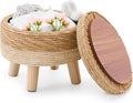 Cpintltr Storage Ottoman Poufs Handwoven Footstool Natural Seagrass Round Footrest Stool with 4 Wood Legs Soft Padded Outdoor Seat for Hallway Lounge Bedroom Garden