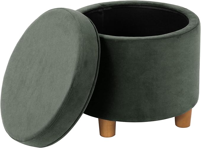 HomePop Home Decor | Upholstered Round Storage Ottoman | Ottoman with Storage for Living Room & Bedroom, Loden Green Velvet Large