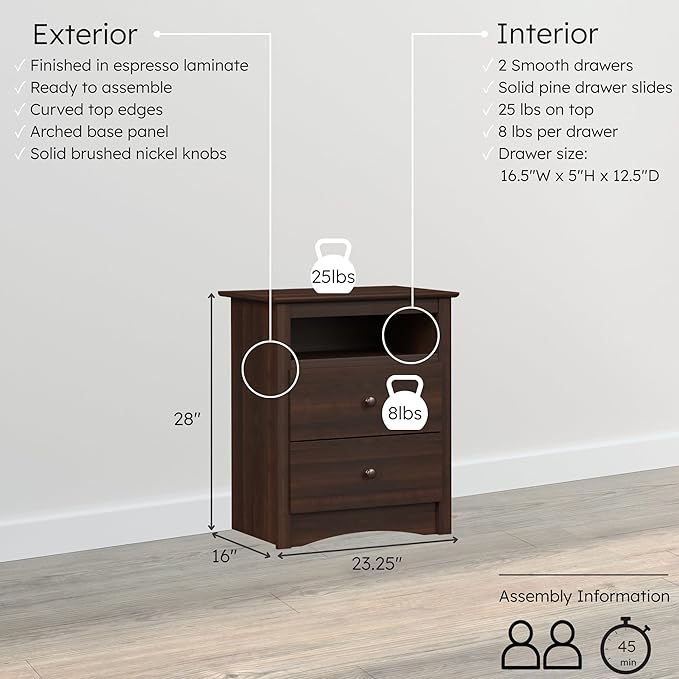 Prepac Sonoma 2 Drawer Nightstand: Elegant Bedroom Furniture, Bedside Table with Open Shelf, 23.25"W x 16"D x 28"H, Espresso