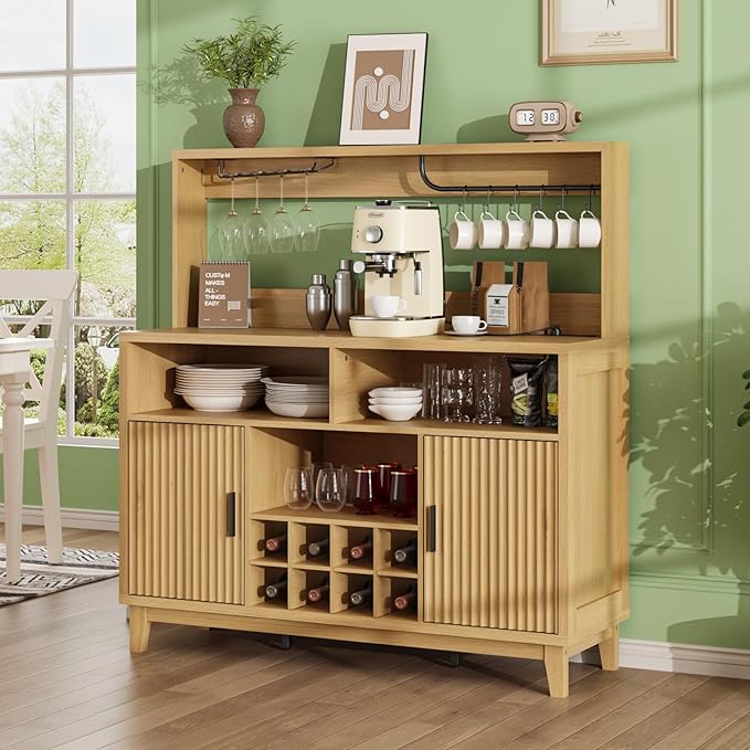 Fluted Buffet Cabinet with Storage, Modern Coffee Bar Cabinet with Outlet, Wine Rack, Cup Holder, Multi-Functional Accent Liquor Cabinet for Living Room, Entryway, Kitchen, Wood
