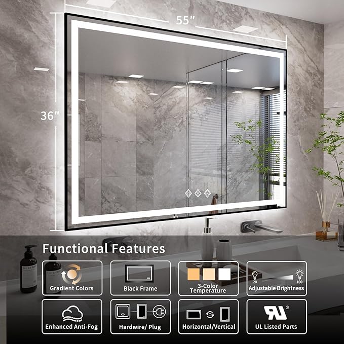 LED Bathroom Mirror, 55x36 Inch Black Framed Gradient Front and Backlit LED Mirror, 3 Colors Dimmable CRI>90, Enhanced Anti-Fog Wall Mounted Smart Mirror