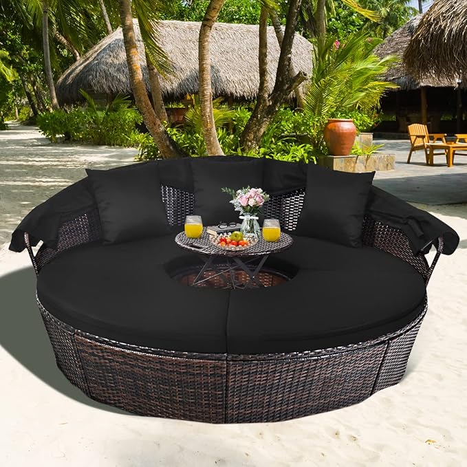 COSTWAY Patio Round Daybed with Retractable Canopy, Wicker Furniture Sectional Couch with Separate Cushioned Seats, Adjustable Table Top, Patio Rattan Daybed Sofa for Backyard, Poolside, Black