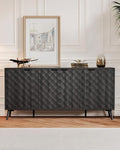 Mid-Century Modern Sideboard Cabinet, 63” Buffet with Storage, Diamond-Textured Credenza with 4 Doors, Multifunctional Accent Cabinet for Kitchen, Dining Room, Living Room (Matte Black)