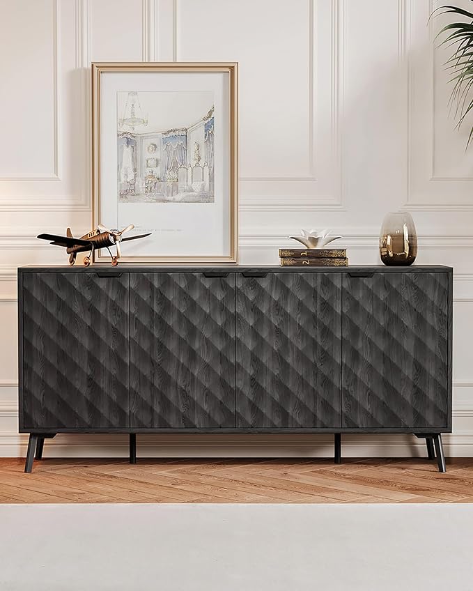 Mid-Century Modern Sideboard Cabinet, 63” Buffet with Storage, Diamond-Textured Credenza with 4 Doors, Multifunctional Accent Cabinet for Kitchen, Dining Room, Living Room (Matte Black)