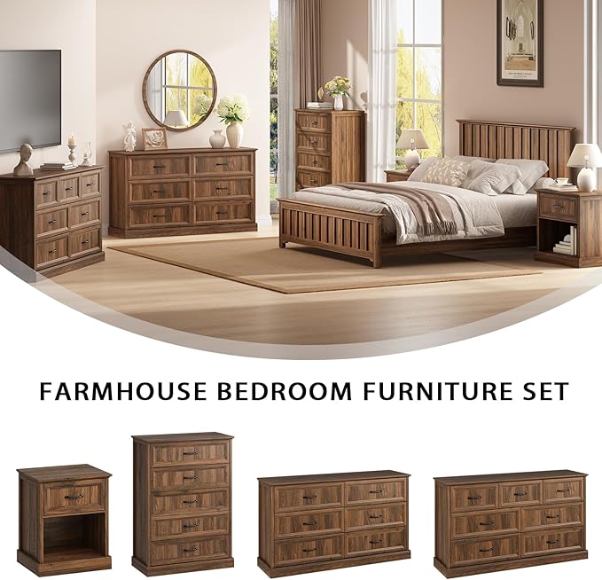 Farmhouse 7 Drawer Dresser for Bedroom, 55 Inch Wide Modern Walnut Dresser TV Stand with Large Drawers & Bar Handles, Rustic Wood Chest of Drawers for Bedroom, Living Room, Hallway, Entryway.