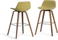 SIMPLIHOME Randolph Counter Stools (Set of 2) - 28 Inch Seat Height Upholstered Bentwood Kitchen Seats in Acid Green Linen Look Fabric, Mid Century Modern Seating with Curved Backrest and Footrest