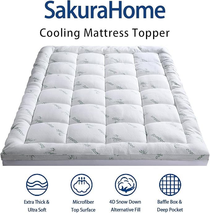 Mattress Topper Twin XL Size, Cooling Extra Thick Breathable Viscose Made from Bamboo Mattress pad, Soft Quilted Fitted Mattress Cover with 1000 GSM Down Alternative Fill (8-21”Deep Pocket)