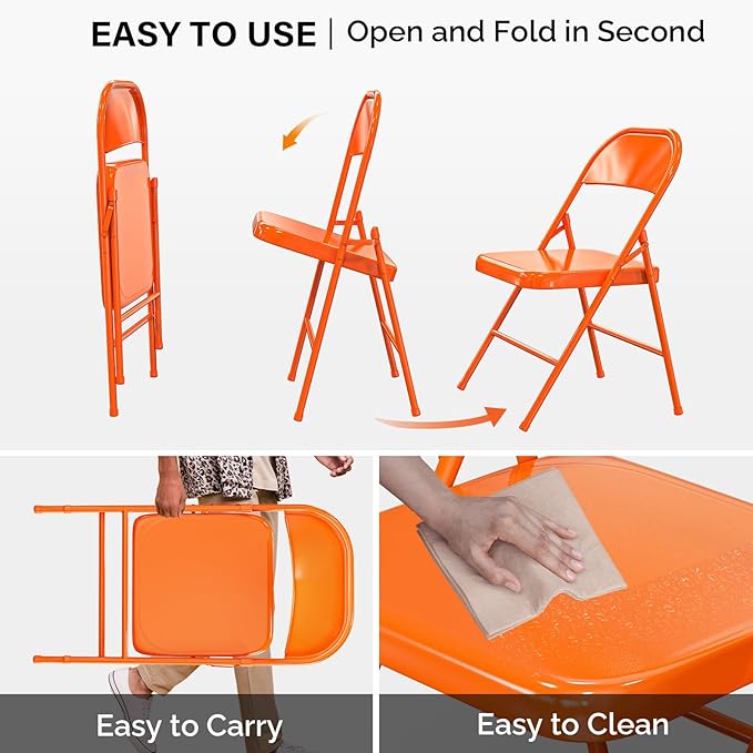 VINGLI Folding Chairs All Steel Metal Frame, Capacity 350 lbs, Durable Portable and Versatile for Indoor Outdoor Use, Orange, Set of 4
