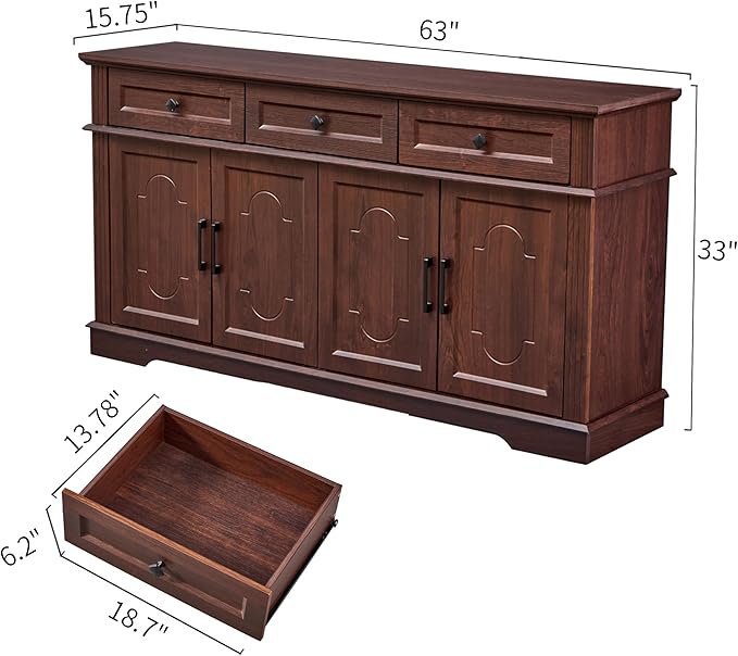 63" Buffet Sideboard Cabinet with 4 Doors and 3 Drawers, Modern Farmhouse Kitchen Storage Cabinet, Coffee Bar Cabinet with Adjustable Shelves, Kitchen Living Room Storage, Dining Room Cherry