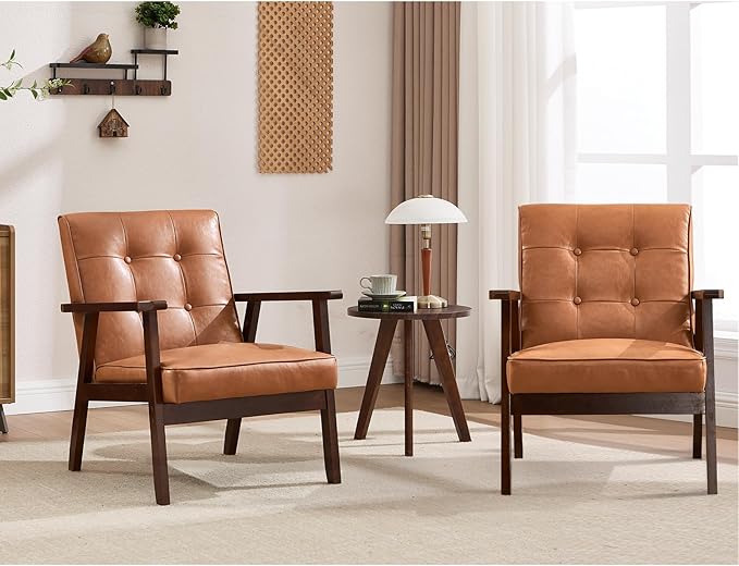 ANJ Mid Century Modern Accent Chair for Living Room, Tufted Faux Leather Armchair, Comfy Retro Bedroom Side Chair with Dark Wood Frame, Orange Brown
