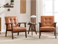 ANJ Mid Century Modern Accent Chair Set of 2 for Living Room, Tufted Faux Leather Armchair, Comfy Retro Bedroom Side Chair with Dark Wood Frame, Orange Brown
