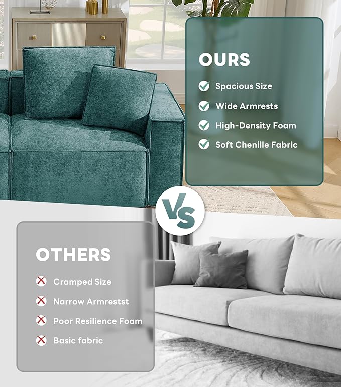 WILLOVE 78'' Modular Sectional Sofa, Chenille Cloud Couch with Wide Armrests & 4 Pillows, Deep Seat Couches for Living Room, Green