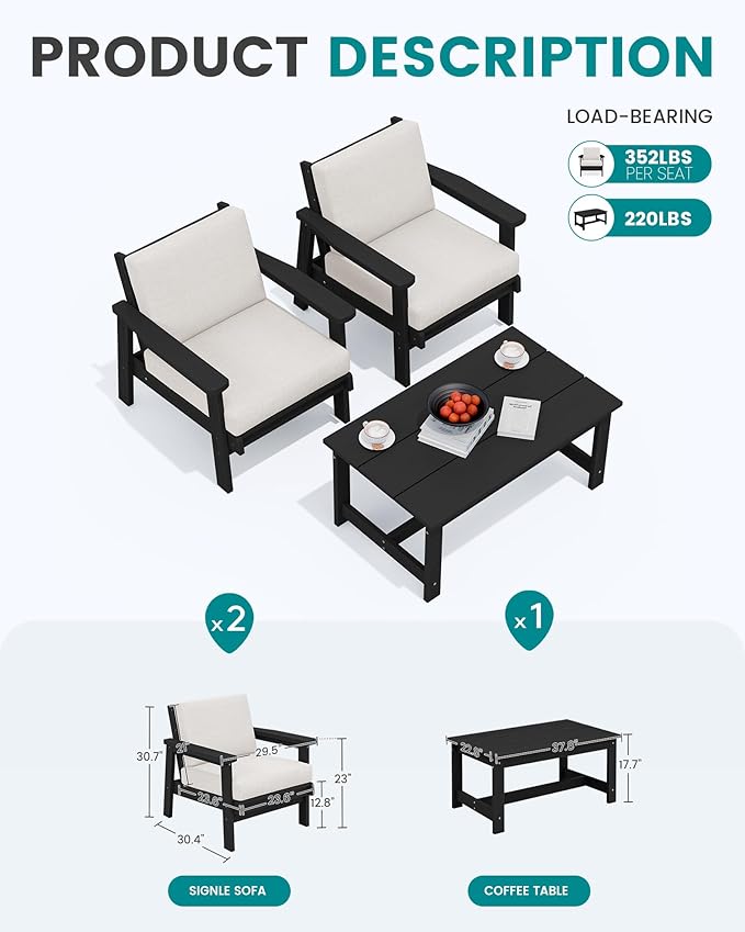 SERWALL HDPE Outdoor Couch, Black Frame and Khaki Cushion