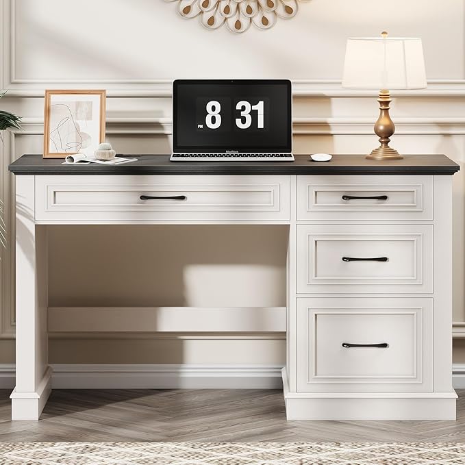 Vabches Farmhouse 47" Executive Desk, Computer Desk with Drawers and File Drawer, Workstation Computer Desk with Charging Station for Home Office, Study,（Black