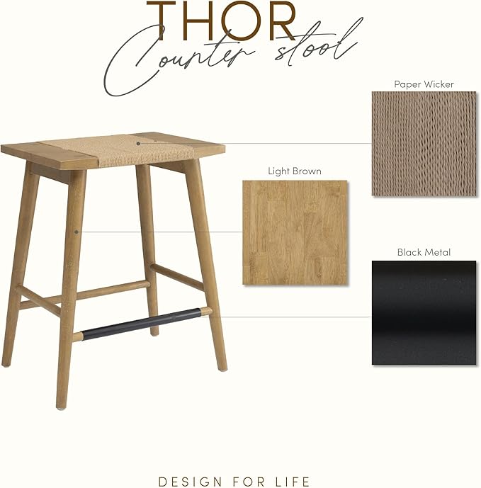 Thor Wicker Premium Solid Wood Counter Stool 24", Backless Counter Height Seating with Hand-Knitted Rope, Eco-Friendly Modern Design (Light Brown)