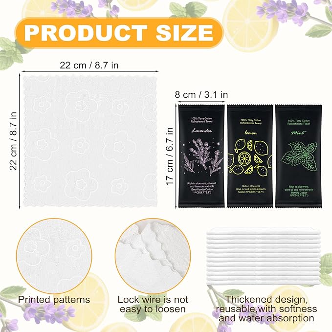Moist Cotton Towel Bulk Moist Towelettes Individually Wrapped 8.7" x 8.7",White Towel Services,Refreshment Pre Moistened Towels Lavender, Lemon and Mint for Sport Party Spa （pack of 30)