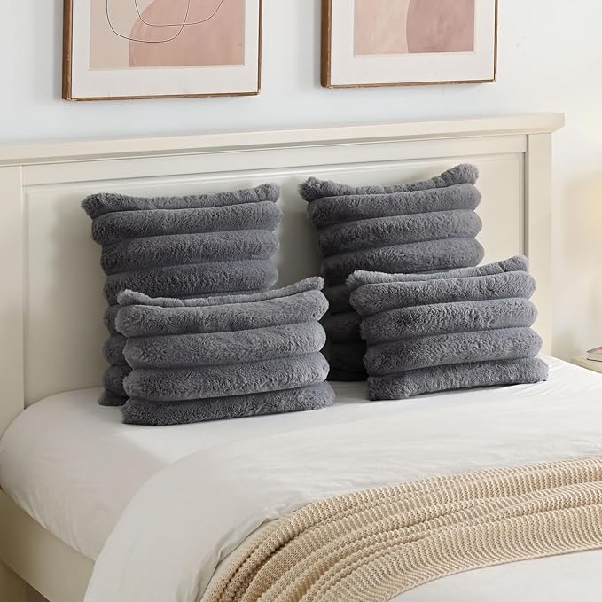 FUTEI Grey Decorative Throw Pillow Covers 24x24 Inch Set of 2, Square Soft Faux Rabbit Fur Thick Striped European Cushion Covers,Winter Home Decor for Couch Bed Living Room