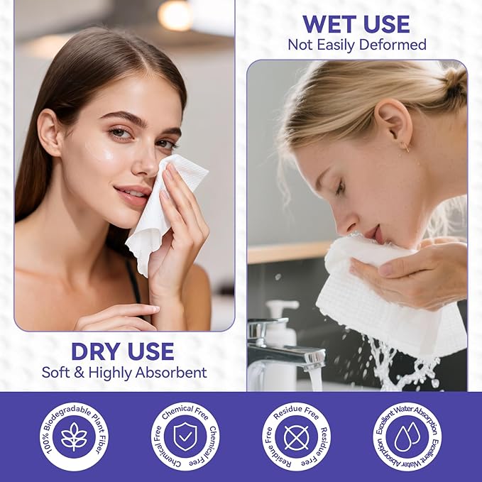 Face Towels Disposable, Face Towelette Disposable, Soft Disposable Face Towel for Makeup Remover, Thick Face Cloths for Women Cleansing, Skin Care, 7.8"×7.8", 80 Count (4 Pack)